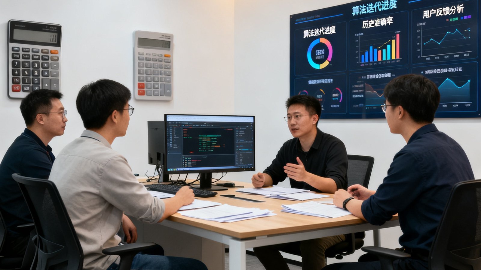 足球串关计算器创始团队在杭州办公室讨论算法迭代，墙上有数据看板